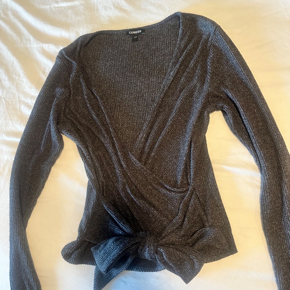 Express Ribbed Wrap Tie Front Top – Size Large - Picture 2 of 5